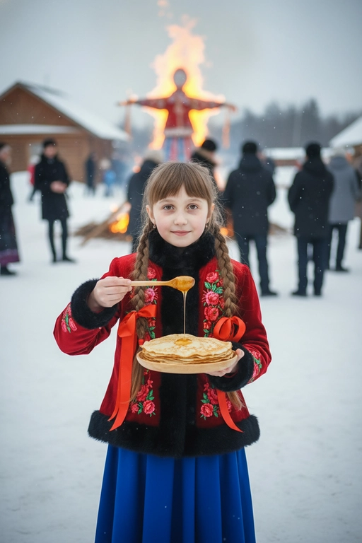 Ультрареалистичная документальная фотосъёмка, зима, традиционный праздник Масленица. Вертикальный формат 9:16, средний план, уровень глаз, лёгкий поворот корпуса, естественная осанка, прямой взгляд в камеру, спокойная уверенная мимика, мягкая неигровая улыбка; лицо на 100% идентично исходному референсу — полностью узнаваемо, без искажений и без изменения пропорций, черт и внешности; любые изменения лица запрещены, легкий морозный румянец.
Одежда: традиционный богатый русский праздничный костюм — красный приталенный кафтан с богатой цветочной вышивкой, меховая отделка, синяя юбка.
В руках деревянная тарелка с тонкими блинами и деревянная ложка с мёдом, момент поливания, тянущаяся капля в движении.
Фон: горящее чучело Масленицы, люди в народной зимней одежде, снег, деревянные постройки, живое пламя.
Естественный рассеянный дневной свет, реалистичные тени, точная цветопередача, умеренная глубина резкости. 8K, высокая фактурная детализация. Две длинные косы с вплетёнными красными лентами