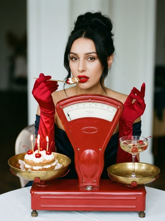 Создай realistic cinematic editorial photo в эстетике винтажной fashion-съёмки с лёгким праздничным настроением.

Вертикальный крупный кадр. Женщина сидит прямо за столом, фронтально к камере, слегка подавшись корпусом вперёд. Перед ней строго по центру композиции стоят крупные винтажные механические двухчашечные весы насыщенного тёмно-красного цвета.

Весы имеют массивное эмалированное красное основание и высокий центральный корпус с плавно сужающейся формой. В верхней части корпуса расположена крупная горизонтальная аналоговая шкала под прозрачным выпуклым стеклом, со светлым циферблатом, чёрными делениями и стрелкой. Это именно измерительная шкала механических весов, НЕ часы и НЕ часовой циферблат. От центрального корпуса горизонтально расходится металлическая балансировочная перекладина, по обе стороны которой расположены две отдельные круглые неглубокие металлические чаши одинакового размера. Чаши находятся на одном уровне, симметрично слева и справа от центрального корпуса. Все детали конструкции физически правильные, цельные и реалистичные, без лишних рычагов, дополнительных чаш, стрелок или деформированных металлических элементов.

Женщина находится непосредственно позади весов, её лицо расположено над центральной аналоговой шкалой. Плечи почти фронтально к камере. Одна рука согнута и поднята к лицу: в ней женщина держит маленькую золотую ложечку с кусочком торта прямо возле губ. Вторая рука поднята с противоположной стороны, локоть согнут, кисть находится рядом с верхней частью весов на уровне шкалы, пальцы расслаблены и элегантно вытянуты. Поза симметрично обрамляет центральные весы и выглядит спокойно, уверенно и постановочно. Взгляд направлен прямо в камеру, выражение спокойное и уверенное.

На женщине тёмное платье с открытой линией плеч, длинные красные перчатки и небольшие винтажные серьги.

На левой для зрителя металлической чаше весов стоит небольшой праздничный бенто-торт на тонкой подложке, покрытый светлым кремом и украшенный сверху свежими тёмно-красными вишнями. В торт вставлено несколько тонких волнистых горящих свечей.

На правой для зрителя чаше стоит винтажный бокал coupe для шампанского на тонкой ножке, наполненный светлым игристым напитком. Внутри бокала находится одна спелая красная вишня.

На столе лежат несколько отдельных вишен и небольшие золотистые декоративные детали, без визуального перегруза.

Главный центр композиции: женщина, крупные красные механические весы, торт и бокал. Центральный корпус весов находится точно перед женщиной и визуально делит композицию на две симметричные части.

Фон светлый, нейтральный. Свет тёплый и направленный, мягко подсвечивает лицо, красную эмаль весов, металлические чаши, стекло бокала, крем торта и вишни. Свечи дают небольшие живые янтарные блики.

Цветокоррекция приглушённая в стиле ретро: глубокий красный, кремовый, шампань, тёплый бежевый и небольшие золотистые акценты. Без чрезмерного оранжевого свечения.

50–70 mm lens, f/2.8–3.5, ISO 200–400, 1/160 s. Резкость на лице женщины и центральной аналоговой шкале весов, торт и бокал хорошо читаются, фон немного мягче. Лёгкое натуральное плёночное зерно.

Максимальный фотографический реализм: натуральная кожа, настоящая красная эмаль, состаренный металл и стекло механических весов, реалистичные вишни, крем, стекло и шампанское, правильная анатомия рук. Весы должны выглядеть как настоящий цельный винтажный механический прибор с двумя чашами, без деформаций и невозможной конструкции. Без CGI, без AI-глянца, без лишних надписей и логотипов.

Причёска: Не изменять прическу