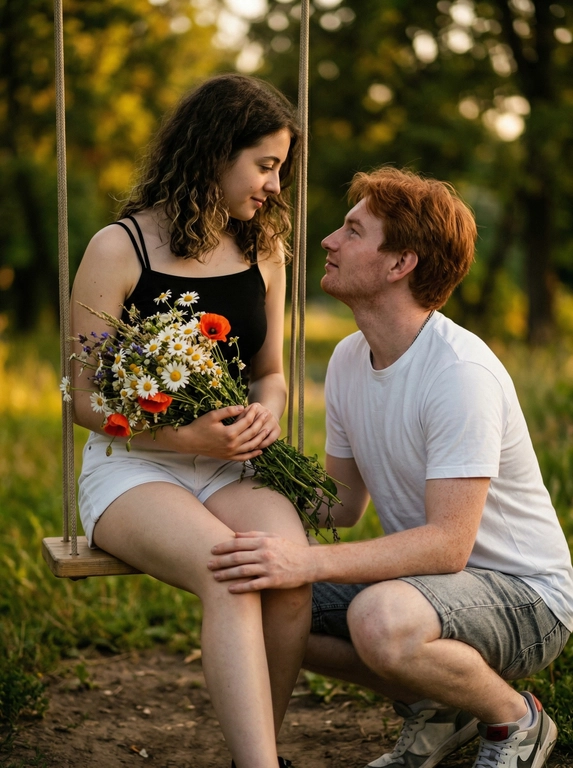 Создай фотореалистичный кинематографический кадр, не меняя черты лица, с максимальным сохранением внешности. Крупный план лиц, мягкая перспектива, фокус на эмоциях и взаимодействии. Женщина сидит на качелях в парке и смотрит на мужчину. На ней чёрная майка на тонких бретелях и короткие белые шорты, в руках большой букет полевых цветов. Перед ней в полуприседе находится мужчина, он смотрит на женщину, его руки аккуратно расположены на её ногах. На мужчине джинсовые серые шорты, белая футболка и кроссовки. Они смотрят друг на друга, создавая напряжённую и живую романтичную сцену. Съёмка в золотой час, тёплый естественный свет с мягкими бликами и глубиной. Кинематографическая цветокоррекция, лёгкое плёночное зерно. moody underexposed fashion photography, intentionally lowered exposure, deep crushed blacks, rich shadows, high contrast, soft natural highlights, subtle film grain, shallow depth of field, 50–85mm lens, editorial style, realistic lighting, high detail.