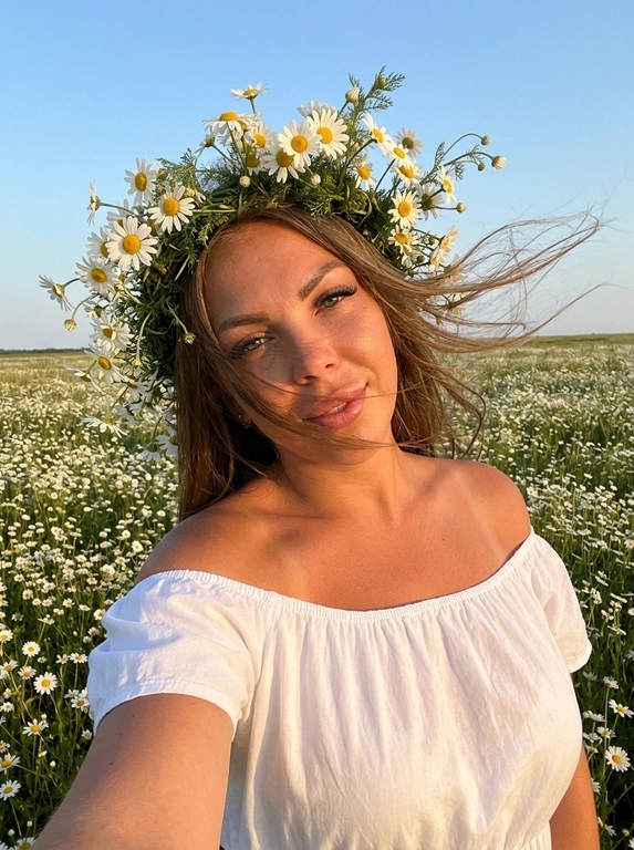 Женщина делает селфи. На ней белое легкое платье с открытыми плечами, лёгкое хлопковое  платье. Кожа загорелая. У нее на голове объёмные цветочные венки из мелких полевых ромашек . Венки должны быть пышные, натуральные, свежие, как летний flower crown. Цветы расположены вокруг головы, без искусственного вида.
Её волосы развиваются от ветра слегка падая на лицо.
Фон: летнее поле с ромашками. Открытое небо без облаков слегка голубое.
Не размывай фон. Голова слегка наклонена к плечу.
Рук в кадре нет.
Горизонт прямой , волосы сильно развиваются от ветра. Солнечная погода в золотой час.