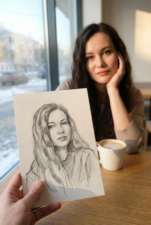 Используя загруженное эталонное фото этого человека, сохрани его черты лица, тон кожи, цвет и длину волос на 100% идентичными исходному изображению. Не меняй форму лица, индивидуальность, возраст или выражение. Сохрани реалистичную текстуру кожи и поры, избегая пластикового сглаживания или чрезмерной ретуши. Создай изображение человека с предоставленной фотографии, не изменяя его внешность и естественные особенности.
Снимок от первого лица: на переднем плане видна рука, держащая карандашный набросок портрета. На заднем плане, в легкой расфокусировке, сидит человек, по образу которого сделан этот рисунок. Композиция создает визуальный диалог между реальностью и искусством.
Человек на фоне смотрит в камеру с легкой, естественной улыбкой, подпирая щеку одной рукой и слегка наклонив голову. Макияж (если присутствует) естественный. На карандашном наброске изображено то же лицо, но с более спокойным, задумчивым и погруженным в себя выражением.
Человек на фоне одет в аккуратную, нейтральную повседневную одежду. На рисунке человек изображен в более свободном, художественном образе.
Сцена происходит в светлом, минималистичном дорогом кафе. Человек сидит за столом. На заднем плане видно большое окно с размытым городским зимним пейзажем. Перед человеком стоит керамическая белая кружка с капучино.
Золотой час. Яркий, но мягкий рассеянный дневной свет из бокового окна падает на лицо человека, создавая естественные блики и мягкие тени, подчеркивая уютную атмосферу.
Фотореалистичный стиль, имитация снимка на смартфон или цифровую камеру с портретным объективом. Малая глубина резкости (эффект боке): карандашный набросок в руке находится в идеальной резкости, а человек и фон — мягко размыты. Карандашный набросок должен выглядеть максимально реалистично, с видимой текстурой бумаги и штриховкой.