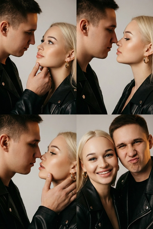 Фотореалистичный кинематографический коллаж в стиле фотобудки 2×2 из четырёх интимных портретов стильной пары крупным планом, расположенных в бесшовной сетке 2×2, на каждом кадре показана разная поза и выражение лица. Лица не меняются.  
  
Вверху слева — крупный план головы и плеч, мужчина нежно обнимает подбородок женщины; вверху справа — интимный профиль «нос к носу»; внизу слева — почти поцелуй с приоткрытыми губами и лёгким касанием щеки пальцами; внизу справа — игривый спонтанный снимок, где женщина смотрит в камеру, а мужчина корчит смешную рожицу.  
  
Обе модели модные и гламурные, тёплый загар с реалистичными бликами, естественная зернистость плёнки и тонкая текстура кожи. Женщина с золотыми серьгами‑кольцами, безупречным гламурным макияжем и блестящими губами; они оба в лёгких черных кожаных куртках; видны ювелирные украшения и фактурные ткани.  
  
Студийный бесшовный светло‑серый фон, мягкий равномерный ключевой свет спереди слева, тёплый вольфрамовый контурный свет справа для разделения, мягкие направленные тени для глубины. Кинематографическая атмосферная цветокоррекция с тёплыми бликами и нейтральными глубокими тенями, эстетика редакционного журнала. Сверхдетализированные пряди волос, реалистичные ресницы и брови, резкие отражения металла и ткани, правдоподобная ретушь журнального уровня, но при этом естественная.