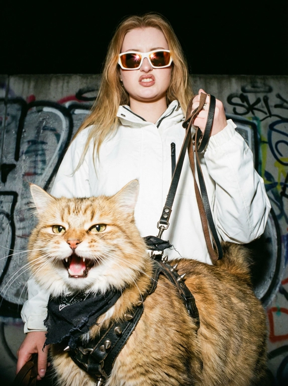       Ночная редакционная уличная портретная съёмка — кадр с крайне низкого угла, с точки зрения «с позиции червя». На переднем плане — крупный план разъярённой кошки. На ней поношенная чёрная кожаная сбруя с тусклыми металлическими шипами и маленькая потрёпанная чёрная бандана, туго завязанная под подбородком. Пасть кота раскрыта в оскале, взгляд резкий и вызывающий.

За ним, занимая большую часть кадра, неподвижно стоит молодая женщина свирепая и стильная. Она небрежно, с показным доминированием держит в одной руке обе сбруи. 

На женщине большие угловатые солнцезащитные белые очки с оранжевыми линзами, в которых отражается резкий прямой свет. На ней яркая белая куртка в стиле gorpcore. Фон — стена с граффити.

Снимок сделан на плёнку Kodak Portra 400 с прямой вспышкой. Изображение выглядит менее привлекательно: высокая контрастность текстур, грубые тусклые полутона, видимая зернистость, лёгкая гало‑эффекта в ярких участках и сильное виньетирование объектива. Формат кадра — 9:16 (вертикальный), что создаёт эффект погружения и передаёт естественную уличную атмосферу.