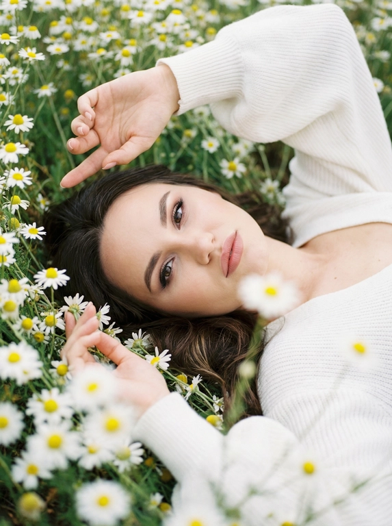 Экстремально крупный, кинематографичный портрет лица человека, лежащего среди густых полевых цветов, камера максимально близко — в кадре преимущественно лицо, черты сохранены без изменений, вокруг море цветов, создающее ощущение мягкого природного кокона, одна рука изящно поднята над головой, вторая мягко касается цветов рядом, на переднем плане сбоку частично размытые, не в фокусе цветы добавляют глубину и лёгкое ощущение движения, одета в летнее белое вязаное платье с объёмными рукавами, мягкая текстура ткани едва читается, естественный мягкий свет подчёркивает кожу и блики в волосах, малая глубина резкости, художественное боке, атмосферный кадр с деликатным плёночным зерном.



Какие будут цветы?: Лежит среди густых полевых ромашек