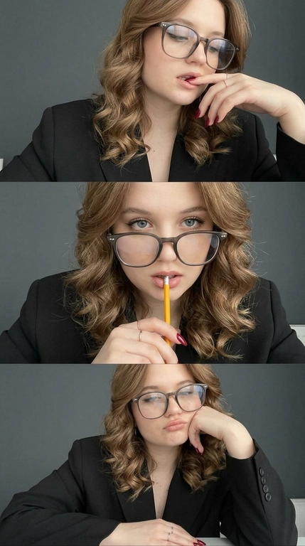Вертикальный коллаж из трёх фотореалистичных селфи, снятых на фронтальную камеру телефона в одном и том же положении. Камера на уровне лица, крупный план по грудь. Композиция состоит из трёх горизонтальных кадров, расположенных один под другим.

Во всех трёх кадрах женщина сидит за столом, слегка наклонившись к камере. На ней чёрный строгий пиджак oversize с широкими лацканами, под ним детали одежды практически не видны. Руки постоянно находятся в кадре и создают игривое, кокетливое настроение. На ногтях яркий глянцевый маникюр насыщенного красного цвета, средняя длина, миндалевидная форма. На пальцах тонкие минималистичные кольца.

Первый верхний кадр: голова слегка наклонена вправо, лицо частично закрыто крупными очками с толстой оправой, на линзах мягкие блики. Женщина слегка прикусывает нижнюю губу и касается кончиком пальца губ. Взгляд направлен вниз, глаза почти не видны.

Второй центральный кадр: камера расположена немного ближе, основной акцент на глазах и губах. Очки те же, слегка опущены на переносицу, глаза полностью видны. Взгляд прямой, интенсивный, немного снизу вверх. В руке жёлтый карандаш, поднесённый к губам и слегка зажатый между приоткрытыми губами.

Третий нижний кадр: камера немного дальше, видна верхняя часть торса и большая часть пиджака. Женщина опирается щекой на кулак, локоть стоит на столе, голова слегка наклонена. Губы немного надуты, выражение капризное и игривое. Очки остаются на лице, линзы слегка бликуют, глаза частично прикрыты.

Макияж во всех трёх кадрах одинаковый: естественная кожа с лёгким сиянием, мягкий скульптуринг щёк и тёплый румянец. Нейтральные тени, тонкая чёрная стрелка по верхнему веку, удлинённые ресницы с акцентом на внешний уголок. Брови аккуратно уложены и оформлены. Губы с насыщенным бежево-розовым или нюдовым глянцем и мягким чётким контуром.

Фон во всех трёх кадрах одинаковый: ровная тёмно-серая графитовая стена без деталей, слегка размытая. Освещение мягкое и рассеянное, похожее на естественный дневной офисный свет сверху и спереди, без жёстких теней. Свет деликатно подсвечивает лицо и придаёт коже натуральное сияние.

Нейтральная цветопередача, минимальная цифровая обработка, лёгкий естественный глянец, реалистичная текстура кожи, чистая эстетика живого телефонного селфи, без пластиковой ретуши и без AI-эффекта.

Причёска: Волосы уложены в крупные мягкие локоны с естественным объёмом и лёгким глянцевым блеском. Локоны свободно обрамляют лицо и мягко ложатся по плечам, создавая ухоженный, выразительный образ.