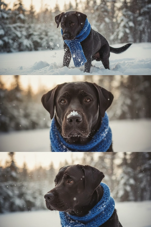     Коллаж из 3-Х фото моего питомца на зимнем фоне в снегу. Питомец в вязаном шарфе, вокруг падает снег, на заднем плане заснеженный лес.

Первый кадр — питомец в полный рост. Он играется со снегом 

Второй кадр — крупный план, увеличенный кадр мордочки питомца с одной снежинкой на носике. Мордочка питомца занимает весь кадр, взгляд прямо в камеру 
 
Третий кадр - портрет питомца, он смотрит в левую сторону. На фото виден шарф, на шарфу есть снежинки 

Три кадра объединены в вертикальный коллаж в едином тоне и свете. Атмосфера — реалистичная, теплая и немного кинематографичная.
Свет мягкий, утренний.  Цвет шарфа - синий