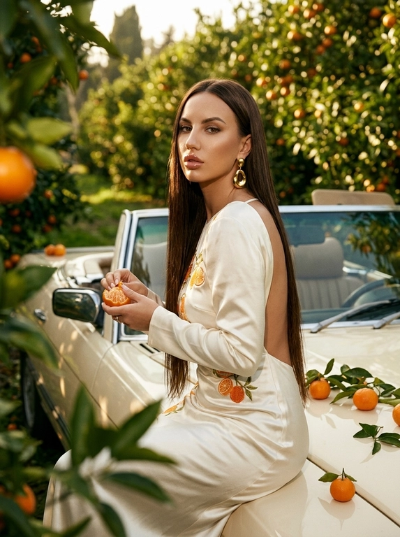 Ультракинематографичный fashion-портрет, «мандариновый жар», интимная, но доминирующая камера, эмоционально цепляющий реализм.

Она сидит на капоте винтажного кремового кабриолета посреди мандариновой рощи днём. Вокруг разбросаны мандарины, листья и солнечные блики. Она медленно очищает мандарин ногтями.

Освещение:
яркий золотой солнечный свет пробивается сквозь апельсиновые деревья, смешиваясь с лёгкими отражениями прямой вспышки. Глубокие кинематографичные тени под линией челюсти и ключицами, глянцевые блики на губах и текстуре фрукта, насыщенный тёплый оранжевый контраст.

Композиция:
плотный средний портрет с нижнего ракурса, листья на переднем плане частично перекрывают объектив, за ней видна многослойная глубина сада, малая глубина резкости с кинематографичным отделением от фона, случайно-дорогой кадр.

глубокое платье из шёлка цвета айвори с драматично открытой спиной и вышивкой цитрусового оттенка, крупные золотые серьги в форме расплавленных капель, заметная текстура ткани, сияющая под солнцем.

Атмосфера:
реализм итальянской люксовой кампании, кинематографичный средиземноморский день, эмоционально дорогой кадр, плёночное зерно, снято на объектив 85 мм.

Какая будет прическа? : Длинные прямые волосы до поясницы