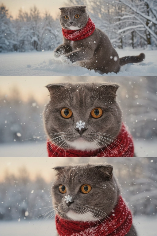     Коллаж из 3-Х фото моего питомца на зимнем фоне в снегу. Питомец в вязаном шарфе, вокруг падает снег, на заднем плане заснеженный лес.

Первый кадр — питомец в полный рост. Он играется со снегом 

Второй кадр — крупный план, увеличенный кадр мордочки питомца с одной снежинкой на носике. Мордочка питомца занимает весь кадр, взгляд прямо в камеру 
 
Третий кадр - портрет питомца, он смотрит в левую сторону. На фото виден шарф, на шарфу есть снежинки 

Три кадра объединены в вертикальный коллаж в едином тоне и свете. Атмосфера — реалистичная, теплая и немного кинематографичная.
Свет мягкий, утренний.  Цвет шарфа - красный