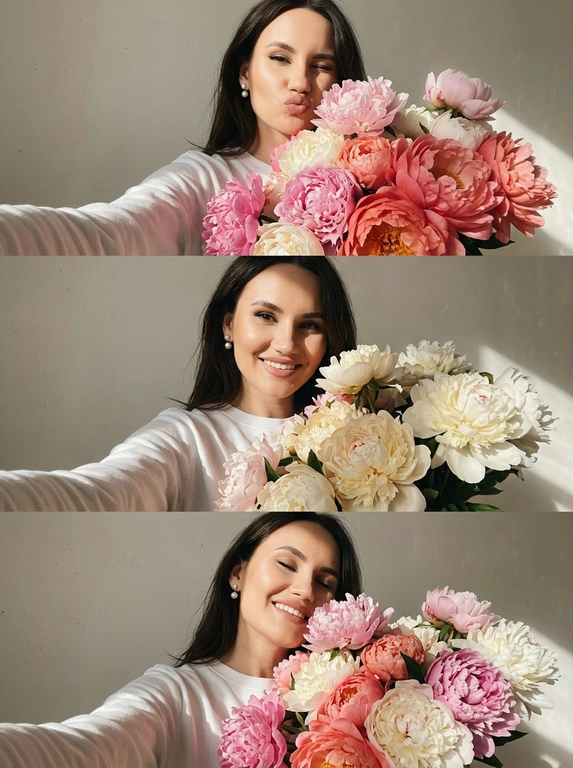 Селфи фронтальная камера, вертикальный коллаж 3 кадра (стопкой): белый топ с длинным рукавом, жемчужные серьги-гвоздики.
В каждом кадре огромный букет цветов. 1) duck face + подмигивание в камеру, 2) уверенная улыбка в камеру, 3) улыбка с закрытыми глазами, безмятежное счастье. Жёсткий солнечный свет справа, высокий контраст, резкие тени, светлая нейтральная текстурная стена, lifestyle aesthetic.

Какие будут цветы?: В каждом кадре огромный букет пионов.