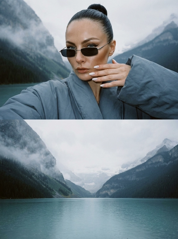 Реалистичный фотоколлаж из двух фотографий, снятых на iPhone. Верхняя и нижняя часть выглядят как две отдельные настоящие фотографии, соединённые в один цельный кадр. Холодная приглушённая цветокоррекция, лёгкая зернистость, немного затемнённая экспозиция, натуральное RAW-качество.

ВЕРХНЯЯ ФОТОГРАФИЯ — женщина: крупный портрет на фоне холодного горного пейзажа. На ней объёмная oversize-куртка холодного серо-синего оттенка, широкие рукава и массивный силуэт, под ней тёмно-серый топ. 

Макияж выразительный: сияющая естественная кожа с реальной текстурой, высокие выразительные скулы с глубоким контурированием, аккуратные брови, острая удлинённая восточная стрелка, губы с влажным глянцевым блеском.

Рот закрыт. Одна рука красиво поднята к лицу, ладонь мягко прикрывает нижнюю часть лица, пальцы расслаблены и естественно расположены. Ногти тонкие, аккуратной формы, сатиново-молочного оттенка с мягким жемчужным переливом и несколькими маленькими стильными стразами.

НИЖНЯЯ ФОТОГРАФИЯ — отдельный пейзаж без женщины: огромное холодное горное озеро с лёгкой рябью на воде, серо-бирюзовая холодная вода, на заднем плане массивные горы, полностью покрытые густым тёмным лесом. Между горами плотный бело-серый туман, который мягко окутывает лес и частично скрывает вершины. Пасмурное холодное небо, влажная атмосферная дымка, дальние горы растворяются в тумане. Очень глубокая перспектива и ощущение огромного пространства.

Весь коллаж должен выглядеть как две реальные фотографии из одного путешествия: холодный воздух, естественный свет, реалистичная вода, лес, туман и горы, лёгкое цифровое зерно, натуральная детализация, без CGI, HDR, пластиковой кожи и чрезмерной обработки.

Причёска: Волосы идеально гладко зачёсаны назад и собраны в аккуратный высокий плотный пучок. Укладка чистая, строгая и собранная, без выбивающихся прядей и лишнего объёма.

Очки: Узкие прямоугольные солнцезащитные очки с тонкой светлой металлической оправой и тёмными линзами.

Доп. характеристики: Узкое лицо , большие глаза, пустые губы