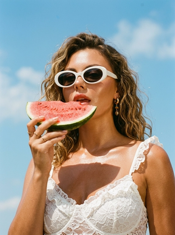 Фотореалистичный летний fashion-портрет, плёночная редакторская эстетика. Крупный план в 3/4, кадр по плечи и верх груди, камера чуть снизу, лицо в верхней части кадра на фоне неба, вертикальная ориентация. Женщина подносит крупный ярко-красный ломоть арбуза, который держит одной рукой у губ; губы слегка приоткрыты, голова чуть приподнята, взгляд в камеру, выражение чувственное, лёгкое летнее настроение. Образ: белый кружевной топ с рюшами на тонких бретелях, золотые серьги с цветными бусинами, тонкие золотые кольца. Кожа загорелая, сияющая, с лёгким влажным блеском на солнце; макияж естественный: ровный светящийся тон, выразительные брови, мягкие тени, глянцевые губы. Фон: ясное ярко-голубое летнее небо с лёгкими белыми облаками. Свет яркий прямой полуденный солнечный, тёплый, создаёт глянцевые блики на коже и сочные тени, ощущение знойного дня. Тёплая плёночная цветокоррекция, слегка винтажная и приглушённая, мелкое плёночное зерно, насыщенные тёплые тона, контраст голубого неба и тёплой кожи, мягкий контраст, глянцевый летний редакторский вайб.

Какая будет прическа?: Пляжные локоны с челкой 

Нужны ли на фото очки? : На глазах белые ретро-очки овальной формы