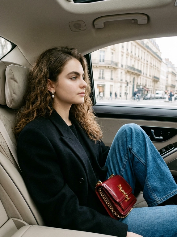 close-up of the side profile of a young woman from the reference without changing her facial features or hairstyle, sitting back in the back seat of a luxury car. the girl's woman's pose is relaxed, not forced, possibly slightly pulled up her leg. the makeup is minimalistic, but it emphasizes natural beauty. in her ears she has elegant earrings, probably pearls or with imitation pearls, small chanel tussets that complement the image without overloading it. she is dressed in a stylish black oversized coat-jacket of the brand "yves saint laurent". under the jacket is a black top, in wide denim jeans, which gives the image modernity and relaxation. on her knees, she can slightly see a lacquered ruby-red mini bag, or a clutch of elegant shape, with a noticeable gold strap.
the interior of the car looks expensive and minimalistic. in the background,
through the car window, a gently blurred cityscape in paris style and distant figures is depicted. you can see that the car is in motion, which gives the image dynamics. the lighting is soft and diffused, emphasizing the textures of her clothes and the shine of her accessories. the image evokes a feeling of french chic, confident femininity and a restrained luxurious lifestyle. filmed, natural light, editorial style.