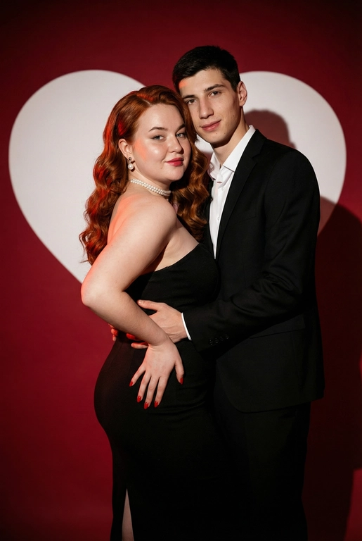 Фотореалистичный редакционный крупный портрет по пояс для пары по референсным фото. Мужчина и женщина позируют вместе, стоят близко. Мужчина одной рукой приобнимает женщину за талию. Фон: тёмно-красный студийный задник, большое белое сердце, проецируемое на стену. Сохранить внешность обоих: реальные черты лица, естественная текстура кожи, реальный цвет и длина волос, без ретуши и изменений. Женщина: облегающее чёрное вечернее платье без бретелей с небольшим разрезом, жемчужный чокер, жемчужные серьги, красный маникюр. Поза в три четверти, спина слегка выгнута, одна рука на поясе или касается руки мужчины. Лёгкая улыбка, взгляд в камеру. Мужчина: чёрный классический костюм, белая рубашка. Прямая осанка, уверенная поза. Взгляд в камеру, легкая улыбка. Свет: драматическое боковое студийное освещение, высокий контраст, чёткие тени на фоне. Композиция: вертикальный кадр по пояс, пара в центре, негативное пространство вокруг сердца. Стиль: фотореализм, модная редакционная съёмка, кинематографическая цветокоррекция (тёплые красные, глубокие чёрные), высокая детализация. Голливудская волна, пробор лёгкий боковой. Верхняя зона чуть приподнята у корней, концы — оформленные волной. 