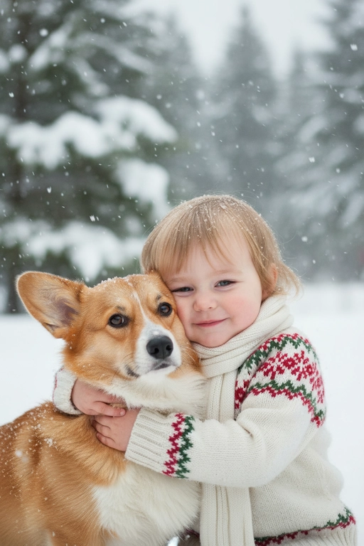 Соответствие лица: сохраняйте точные черты лица, структуру костей, разрез глаз, форму губ, текстуру кожи и оттенок по загруженной фотографии, максимально соответствует индивидуальности] -> Человек с мягкой улыбкой, полузакрытыми от счастья глазами -> нежно обнимает собаку, щека прижата к пушистой шее собаки, обе руки обвиты вокруг груди и шеи собаки, снежинки тают на шерсти и волосах., нежное, любящее выражение лица -> в кремово-белом толстом свитере скандинавской вязки с традиционным красно-зеленым рождественским рисунком на рукавах и воротнике,  в белом вязаном шарфе, свободно повязанном на шее -> на улице в сильный снегопад. В кадре видно морду собаки. Собака породы корги. 