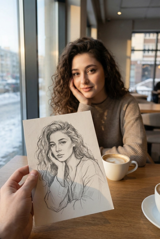 Используя загруженное эталонное фото этого человека, сохрани его черты лица, тон кожи, цвет и длину волос на 100% идентичными исходному изображению. Не меняй форму лица, индивидуальность, возраст или выражение. Сохрани реалистичную текстуру кожи и поры, избегая пластикового сглаживания или чрезмерной ретуши. Создай изображение человека с предоставленной фотографии, не изменяя его внешность и естественные особенности.
Снимок от первого лица: на переднем плане видна рука, держащая карандашный набросок портрета. На заднем плане, в легкой расфокусировке, сидит человек, по образу которого сделан этот рисунок. Композиция создает визуальный диалог между реальностью и искусством.
Человек на фоне смотрит в камеру с легкой, естественной улыбкой, подпирая щеку одной рукой и слегка наклонив голову. Макияж (если присутствует) естественный. На карандашном наброске изображено то же лицо, но с более спокойным, задумчивым и погруженным в себя выражением.
Человек на фоне одет в аккуратную, нейтральную повседневную одежду. На рисунке человек изображен в более свободном, художественном образе.
Сцена происходит в светлом, минималистичном дорогом кафе. Человек сидит за столом. На заднем плане видно большое окно с размытым городским зимним пейзажем. Перед человеком стоит керамическая белая кружка с капучино.
Золотой час. Яркий, но мягкий рассеянный дневной свет из бокового окна падает на лицо человека, создавая естественные блики и мягкие тени, подчеркивая уютную атмосферу.
Фотореалистичный стиль, имитация снимка на смартфон или цифровую камеру с портретным объективом. Малая глубина резкости (эффект боке): карандашный набросок в руке находится в идеальной резкости, а человек и фон — мягко размыты. Карандашный набросок должен выглядеть максимально реалистично, с видимой текстурой бумаги и штриховкой.
