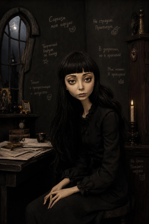 use this fhoto. 

Выберите стиль: turn the person from the uploaded photo into an eerie but beautiful gothic stop-motion fairy-tale fashion character. Use the uploaded photo as the strict reference for pose, composition, body direction, outfit logic, facial mood, hand placement and main furniture. Do not reinvent the pose. Do not change the chair, doorway, sofa or any key object from the reference.  Preserve the original body language and silhouette, but stylize the person into a clean, elegant stop-motion character: elongated thin neck, angular but beautiful face, hollow cheeks, large tired eyes with heavy lids, small serious mouth, slightly asymmetrical sculpted face, graceful strange proportions, expressive hands, refined gothic beauty.  The character should look like a smooth physical stop-motion figure photographed in a miniature set: clean matte sculpted face, polished clay/plasticine-like forms, painted facial details, stylized sculpted hair strands, neat fabric clothing, real shadows, contact shadows, visible depth, practical studio lighting, soft cinematic shadows. No flat illustration, no rough craft texture.  Transform the scene into a dark elegant gothic stop-motion fairy-tale world: crooked old window, antique furniture, candlelight, theatrical shadows, old wood, gothic doorway or miniature room, melancholic dark humor, clean eerie beauty. The frame should feel like a beautifully crafted gothic stop-motion animation still, not a fashion photo.  Keep the outfit stylish, clean and intentional. Preserve the outfit logic from the reference, but make it gothic, theatrical and fashion-aware. If legs are visible, make them long, thin, elegant and slightly unreal, but anatomically clean, dimensional and believable.  Add 5–7 clearly readable handwritten Russian notes around the character, medium-sized, chalk-like, physically written on the wall or nearby surfaces. Short witty phrases, 2–6 words each. Ironic, slightly absurd, character-specific, not generic poetic quotes. Minimal arrows and tiny doodles.  IMPORTANT STYLE: smooth gothic stop-motion animation, clean matte puppet surface, elegant angular face, dark fairy-tale miniature set, refined fashion character, melancholic comedy, strange beauty, theatrical but clean.  NEGATIVE: photorealistic human, live-action fashion editorial, realistic pretty woman, soft romantic portrait, cute doll, porcelain doll, baby doll, anime doll, Disney-like, Pixar-like, glossy AI beauty, digital painting, watercolor, flat sketch, wool doll, felt doll, fuzzy texture, sand-like texture, rough fabric skin, gritty dirty skin, broken puppet, horror doll, skeletal body, exposed joints, twisted limbs, wooden stick legs, plastic commercial 3D, messy dirty clothes, unreadable tiny handwriting, too many arrows, large text blocks.