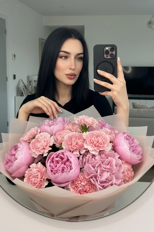 На фото — интерьерная зеркальная селфи-композиция на айфон 16 pro. Центральный объект в кадре — девушка в чёрной рубашке. Макияж естественный, длинные ресницы, блеск на губах. Сходство 100%. Девушка держит телефон в правой руке, аппарат в тёмном (чёрном) чехле с модулем камеры в верхнем углу: заметна круглая конфигурация объективов. Левой рукой она опирается на поверхность стола или пола позади большого букета. Ногти аккуратно накрашены в светлый оттенок. На переднем плане очень крупный пышный букет, упакованный в бумагу пастельных тонов. На фоне современный домашний интерьер. Букет в розовой гамме, цветы: крупные махровые пионы/гвоздики/гортензии или похожие по форме рuffled-бутоны разной интенсивности розового. 