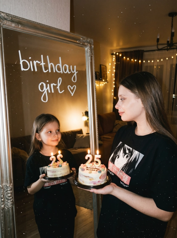 Используя два загруженных фото одного и того же человека — первое фото в детстве, второе во взрослом возрасте — создай фотореалистичный кадр в тёплой домашней эстетике дня рождения. В кадре взрослая версия человека стоит боком у большого зеркала и с лёгкой улыбкой, но отражение в зеркале — только детская версия человека: та же поза, тот же взгляд и торт, сохранены детские черты; взрослая версия не отражается, без дублей.
И взрослая, и детская версии должны быть легко узнаваемы и максимально похожи на человека с загруженных изображений.
Композиция: взрослый человек стоит справа от зеркала, в руках держит небольшой праздничный торт со свечами в виде числа текущего возраста. В зеркале слева отражается детская версия человека, держащая тот же самый торт с теми же цифрами, что и у взрослого. Между ними тёплый эмоциональный контакт, они смотрят друг на друга с мягкой улыбкой.
Стиль и атмосфера: живой, очень реалистичный снимок как случайное красивое фото для соцсетей, мягкий тёплый свет в помещении, лёгкая вспышка на камере, уютный вечерний интерьер, натуральная кожа, естественные черты лица, деликатные блики на зеркале, лёгкое плёночное зерно, немного винтажное настроение, candid photography, эмоциональный и трогательный кадр. Винтаж, кино-стиль, вспышка + мягкий свет, минимализм. Отражение в зеркале теплее и мягче. Сильная зернистость, пленочная пыль.

Надпись на зеркале : На поверхности зеркала небрежно написано от руки: “birthday girl” и маленькое сердечко.

Цифра на торте: Цифра на торте 25