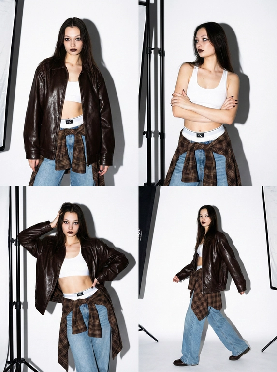  Коллаж из четырех фотографий женщины с загруженной фотографии лицо не изменять 100% сходство в стиле high-fashion и streetwear. Она позирует в студии с жестким направленным светом. На ней надет белый спортивный топ-бра и трусы-боксеры с логотипом на резинке (стиль Miu Miu), светлые голубые джинсы свободного кроя и объемная темно-коричневая кожаная куртка из глянцевой кожи. На талии повязана коричневая клетчатая рубашка в стиле гранж. 
Детализация для нейросети 
• Внешность и поза: Модель с выразительными чертами лица. Позы динамичные: взгляд в камеру, легкий наклон корпуса, руки в движении. 
• Одежда и текстуры: 
• Куртка: Оверсайз, темно-шоколадного цвета, с интенсивным виниловым или лакированным блеском. 
• Белье: Белый хлопковый трикотаж с минималистичным черным текстом по центру резинки. 
• Низ: Светло-голубой деним, классическая клетка «тартан» на рубашке (бежевый, коричневый, белый цвета). 
• Освещение и фон: Профессиональный студийный свет, создающий глубокие контрастные тени на белом фоне. Видны элементы студийного оборудования (стойка софтбокса) по краям кадра, что добавляет эстетику «backstage» или журнальной съемки. 
• Стиль съемки: Эстетика модных журналов 2000-х (Y2K) в современной интерпретации. Высокое разрешение, четкие текстуры кожи и ткани, эффект вспышки «в лоб».
3:4