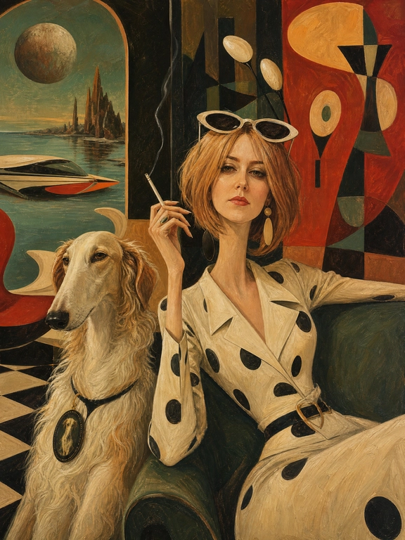 use this fhoto. 

Выберите стиль: Surreal mid-century editorial illustration of an eccentric version of the person in the photo and a animal (an animal that matches my vibe) inside a stylish Location, elongated proportions, exaggerated narrow faces, deadpan expressions, oversized accessories, bizarre fashionable atmosphere, painterly brush textures, distorted anatomy, subtle lowbrow surrealism, sophisticated absurdity, vivid retro color palette, expressive oil-painted strokes, fashionablevintage clothing, dramatic