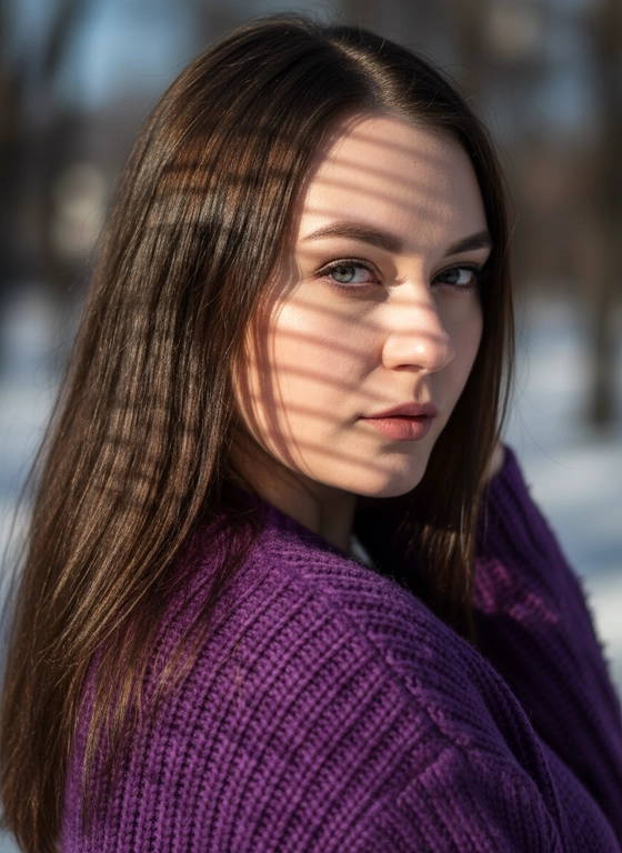 

Создай портрет не меняя черты лица. Крупный план (close-up) красивой молодой женщины, волосы темные, идеально блестящие. Она смотрит прямо в кадр, взгляд проникновенный. Безупречный легкий макияж. На ней фиолетовый свитер крупной вязки. Она смотрит в камеру через плечо. Яркий, естественный зимний свет падает на лицо, создавая драматические тени (полосы света и тени) ,  что придает изображению загадочности. 
Естественный, теплый,  свет, создающий сильные контрасты и четкие тени (harsh lighting, dramatic shadows). Солнечные блики (sun flares/sun beams) на волосах. Фотореалистичный (photorealistic), высокое качество (high quality), четкий фокус на глазах (sharp focus on eyes), портретная фотография: Снято на цифровую зеркальную камеру или высококачественный смартфон (например, iPhone portrait), с малой глубиной резкости (shallow depth of field) для выделения лица,  
Разрешение 8К


