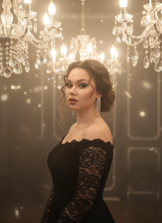 Создано с помощью сервиса Создать по своему фото и промпту

Промпт пользователя:
Не меняя внешности женщины с фото, сцена пронизана интимным, слегка туманным светом, исходящим от многочисленных хрустальных люстр, чьи искрящиеся подвески создают мягкие блики и отражения, наполняя атмосферу роскошью и загадочностью. Женщина стоит в полуповороте, ее лицо обращено к камере с лёгким акцентом на выразительные темные глаза, украшенные ярким, тщательно растушёванным макияжем и длинными густыми ресницами. Её губы, подчеркнутые насыщенным матовым оттенком, слегка приоткрыты, словно она вот-вот произнесёт важные слова. Образ дополняют большие серьги с подвесками, контрастирующие с тёмными выбившимися локонами из её собранной в низкий небрежный пучок прически, частично скрытой в полумраке. Наряд женщины — черное кружево с заметной плотной текстурой, обнажающее плечи и подчеркивающ...

#брюнетка #женщина #студия #макияж #гламур #платье #тренды #иисервис