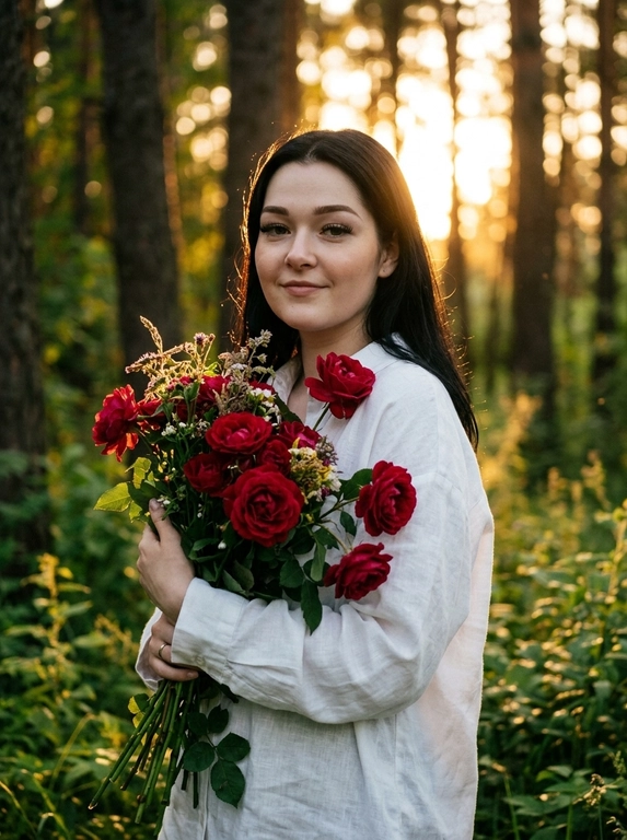 Кинематографичная фотореалистичная photography модели в лесу летом, снятая на Hasselblad X2D II 100C, 85mm lens, f/1.8, medium full shot, камера расположена на уровне талии и слегка сбоку. Модель стоит на узкой лесной тропинке среди густого зелёного леса, повернувшись вполоборота через плечо к камере. В руках она нежно прижимает к себе огромный букет цветов, отдельные ветки частично закрывают плечо и грудь. Выражение лица спокойное и чувственное, еле заметная улыбка, губы расслаблены, взгляд направлен прямо в камеру. На ней свободная белая длинная льняная рубашка oversize с длинными рукавами, натуральная слегка мятая ткань красиво подсвечивается солнцем. Кожа ровная, сияющая, с лёгким естественным загаром и realistic skin texture без plastic skin. Макияж soft natural glam: мягкий contouring, пушистые brows, длинные натуральные ресницы, subtle warm glow на коже. Тёплый золотой свет закатного солнца проходит сквозь деревья и создаёт cinematic backlight вокруг силуэта, мягкие солнечные блики на сирени и ткани одежды, глубокие зелёные тени в лесу. Атмосфера тихая, живая и немного dreamy, будто кадр из арт-фильма. Moody underexposed forest photography, warm golden highlights, rich deep greens, soft haze, subtle film grain, luxury Pinterest editorial aesthetic, ultra photorealistic RAW quality.

Какие будут цветы?: В руках красные розы