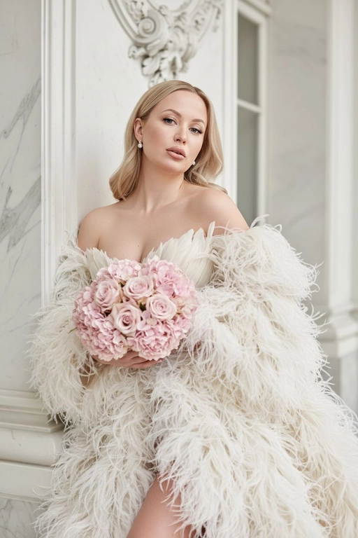 Создай крупный плечевой портрет, не меняя черты лица.Детальный крупный портрет элегантной женщины в эффектном, роскошном, модном платье. Женщина с волнистыми волосами. Одежда представляет собой объемное творение кутюр, полностью сделанное из больших, текстурированных, кремово-белых перьев, уложенного с открытыми плечами, чтобы обнажить декольте  Женщина стоит в динамичной, чувственной позе, прислонившись к белой классическому архитектурной стене. На ней серьги-гвоздики жемчужные . На заднем плане представлен грандиозный, классический интерьер/экстерьер - ярко-белая мраморная или лепная стена. Редакционное освещение, мягкое и рассеянное, подчеркивающее текстуру перьев и кожи.в руках букет. Высокое разрешение, сверхдетализация, модная фотография Букет из пудрово-розовых гортензий и роз