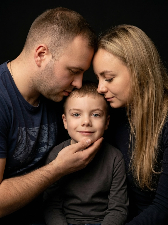 Семейный портрет из трёх человек на фоне глубокого матового черного.
Мужчина слева, слегка развернут к центру, наклонен к ребёнку, лбом почти касается его головы, ладонью поддерживает подбородок ребёнка.
Ребёнок в центре, сидит прямо, телом к камере, смотрит в объектив, в чёрной одежде с длинным рукавом.
Женщина справа, чуть повернута к ребёнку, голова наклонена вниз, лоб почти касается головы ребёнка.
Освещение мягкое, рассеянное, один источник света спереди и сверху, создаёт плавные тени и мягко выделяет лица на фоне.
Тона глубокие, нейтрально-тёплые, фон и одежда остаются темноте.