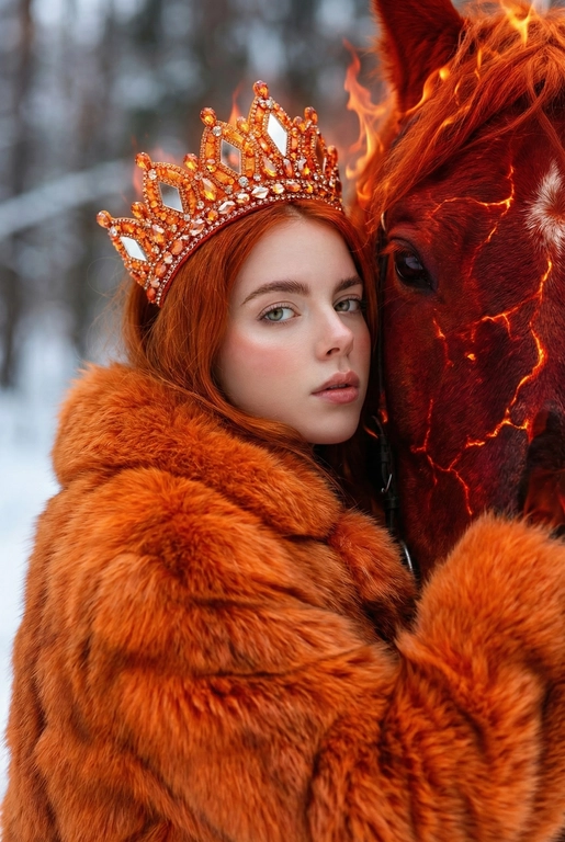   Высокофэшн Vogue editorial fantasy портрет крупным планом, воссоздающий сцену максимально точно. Интимный, плотный кадр от плеч и выше. Женщина слегка повернута в три четверти к камере, с спокойным, эфирным выражением лица и прямым, притягательным взглядом. Она нежно прижимается к шее величественного огненного коня, их лица расположены очень близко друг к другу в пределах кадра. На ней роскошная оранжевая меховая шуба с богатой, густой текстурой и выраженным объёмом, заполняющим передний план кадра. Мех выглядит мягким, дорогим, глубоко проработанным. На голове - эффектная оранжевая корона, инкрустированная сверкающими кристаллами с зеркальными гранями, которые ловят и преломляют огненный свет. Редакционный макияж подчёркивает сияющую фарфоровую кожу, лёгкий румянец и естественные губы. Конь изображён как живое воплощение огня: глубокие багряно-красные оттенки, светящиеся раскалённые трещины на коже, грива из струящихся языков пламени, частично видимая рядом с её лицом. Интенсивный тёплый оранжево-красный огненный свет освещает корону, мех и черты лица, создавая резкий контраст с холодными, приглушёнными оттенками заснеженного зимнего леса на мягко размытом заднем плане. Кинематографичный свет сочетает огненные блики и холодные рассеянные тени. Ультрамалая глубина резкости изолирует лица, усиливая ощущение близости. Мифическая сказочная элегантность, союз моды и фэнтези. Ультрадетализированная реалистичная фотография, качество обложки модного журнала. Съёмка на высококлассную среднеформатную камеру, объектив 85 мм, диафрагма f/1.8. Кинематографичная цветокоррекция. Без текста, без логотипов, без водяных знаков.