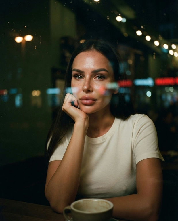 Photorealistic intimate nighttime portrait shot from outside through a city café window. A naturally beautiful young brunette sits close to the glass, framed chest up, face centered. Shoulder length tousled brown hair, warm brown wide set eyes, subtly uneven brows, delicate nose, fuller lower lip, faint freckles, visible pores, gentle asymmetry. She rests her chin on one hand, gazing directly at camera with calm, slightly thoughtful expression. Simple ivory cotton T shirt. Soft direct flash illuminates her face and skin texture; café behind remains dark and atmospheric. Layered glass reflections of amber streetlights, muted red signage, and cyan highlights drift across the window, creating luminous streaks near her eyes and cheeks. Deep olive green shadows, glowing city bokeh, softly blurred ceramic cup along lower edge, subtle glass distortion, warm halation, saturated analog colors, 35mm grain, spontaneous late night snapshot feeling. --chaos 12 --ar 4:5 --raw --profile be6pjat --stylize 300 --weird 7 --hd
