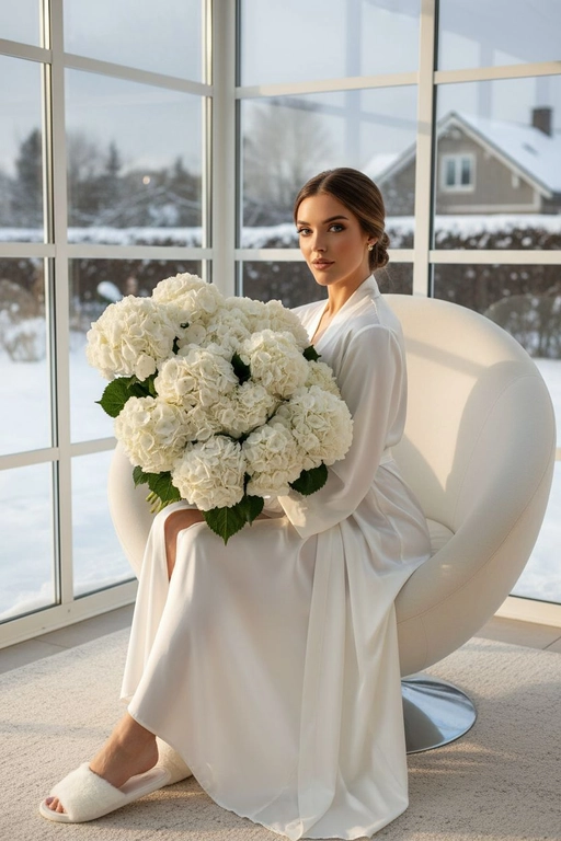 Гиперреалистичная фотография женщины, зима, сидящей полубоком на закрытой веранде с видом на дом в кресле коконе белом и держащей в руках очень большой, пышный букет, состоящий из множества белых цветов — круглых, густых, многоцветковых, с пышными соцветиями и зелеными листьями. Букет объемный, он явно состоит из десятков отдельных гортензий, а не из единого бутона. в ушах маленькие красивые серьги. ногти молочного цвета. Волосы с аккуратной легкой укладкой. 
На ней халат шелковый как кимоно в пол на ногах пушистые тапки.
Ее макияж выполнен в стиле мягкого глэма: сияющая кожа. Она позирует в полупрофиль.
Золотистый естественный свет проникает сбоку, отбрасывая резкие, но мягкие тени на складки ткани . Цвет халата - белый, цвет тапок - белый 