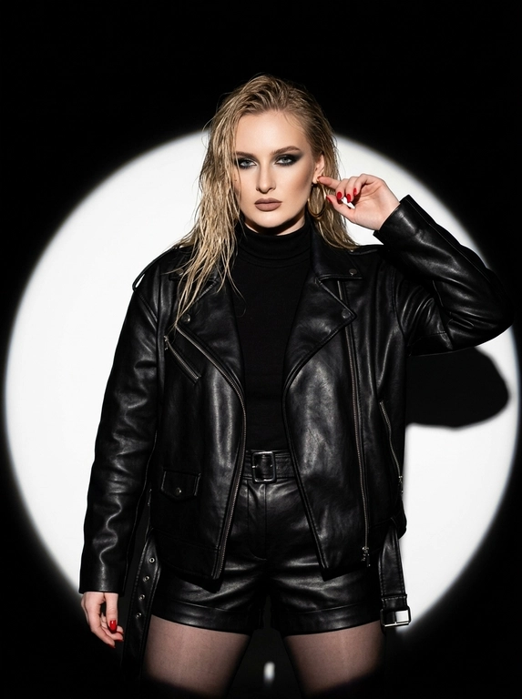 Фотография дерзкая и стильная студийная сцена в эстетике "fashion editorial".
Тип кадра: Поясной портрет (Medium shot). Женщина стоит в центре кадра; поза уверенная, одна рука изящно поднесена к лицу, касаясь серьги, вторая расслаблена; взгляд прямой, пронзительный и серьезный; эмоция — холодная уверенность и самообладание.
Одежда: Черная кожаная куртка-косуха оверсайз с металлической фурнитурой (молнии, заклепки), надетая поверх черной водолазки; кожаные шорты с высокой талией и ремнем; черные полупрозрачные капроновые колготки. Ткань куртки имеет мягкий матовый блеск и естественные заломы на сгибах.
Локация: Минималистичная фотостудия с черным фоном, на котором выделяется яркое круглое пятно света.
Освещение: Контрастное освещение типа "спотлайт" (прожектор), направленное спереди; создает четкий световой круг за спиной модели и отбрасывает глубокую, резкую тень на фон; на лице и одежде видны выразительные светотеневые переходы.
Камера: Профессиональная съемка на 85mm объектив, обеспечивающий идеальные портретные пропорции без искажений.
Глубина резкости: Модель находится в резком фокусе; фон за пределами светового пятна уходит в глубокую черную пустоту.
Макияж: Драматичный вечерний макияж; выразительные "smoky eyes" в темных тонах, четко очерченные брови и матовая помада.
Детали: Ярко-красный маникюр на длинных ногтях; крупные золотые серьги-кольца; металлический блеск молний на куртке; тонкое кольцо на пальце.
Атмосфера: Роковая, сильная, графичная и подчеркнуто модная.

Выберите прическу: На волосах эффект мокрых растрепанных волос