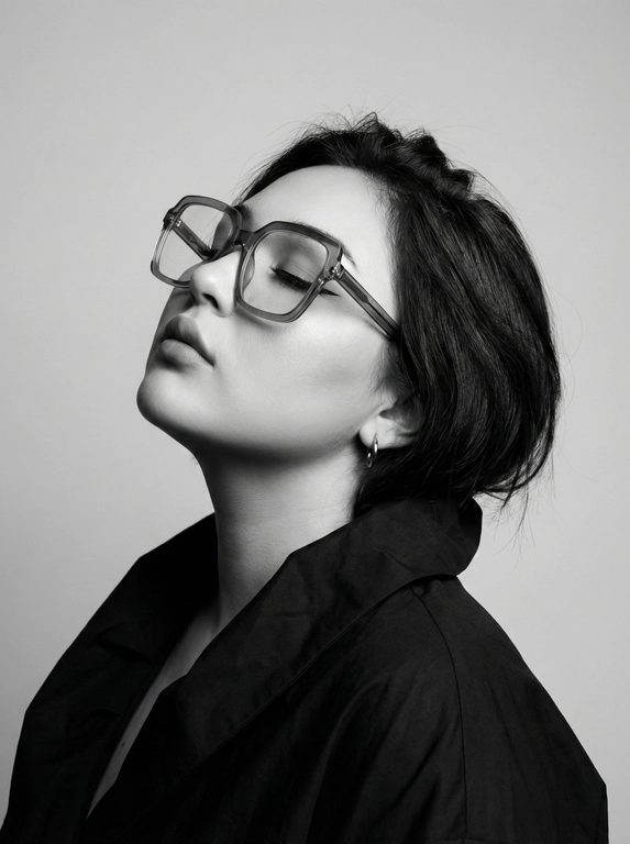 Чёрно-белый минималистичный фотореалистичный портрет, студийный мягкий свет спереди‑сверху, нейтральная светлая однотонная стена как фон. Девушка в профиль: голова запрокинута назад, подбородок поднят, глаза закрыты — расслабленная fashion-поза с акцентом на линии шеи и контуры лица. Обязательно точно сохранить черты лица с референс-фото (без искажений); крупные квадратные очки в массивной полу-прозрачной оправе с естественными бликами. Детали лица: длинные ресницы и чёткие стрелки, выразительные губы, естественная текстура кожи, аккуратный ретуш. Одежда: тёмный объёмный верх с выразительным воротником, маленькая серьга-кольцо. Стиль: высокая графичность и контраст, чистые линии, лёгкая драматичность, максимальная детализация и фотореализм, аккуратные светотеневые переходы, подчёркнутые контуры.

Какая будет прическа?: Короткие волосы 