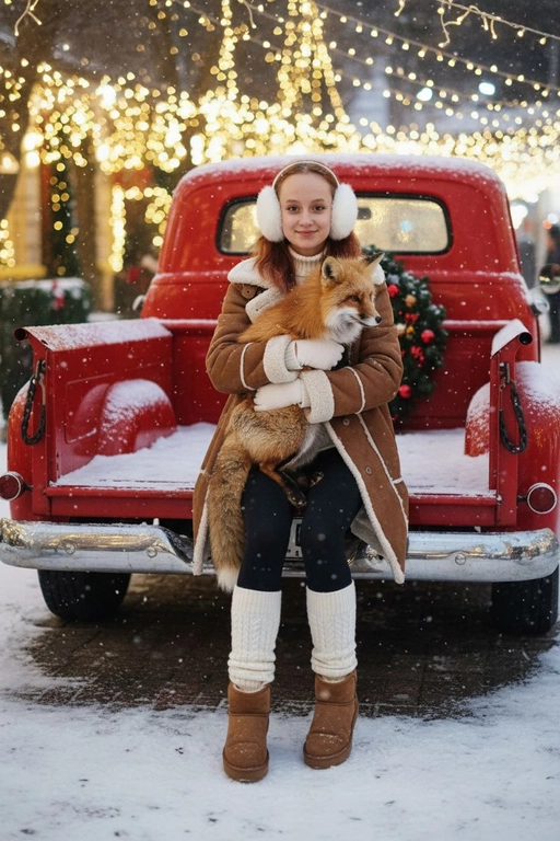 Портрет молодой женщины, сидящей на кузове винтажного красного грузовика. Девушка держит на руках животное. На ней коричневая дубленка с белой окантовкой из овчины по воротнику, манжетам и карманам, под дубленкой белый свитер с горловиной, черные лосины тканевые без блеска, на ногах укороченные, высотой до щиколоток коричнево-бежевые угги на платформе и кремовые гетры до середины икр, выглядывающие из уггов. 
Девушка смотрит в камеру, на ее лице легкая улыбка. 

На грузовике — праздничный рождественский венок. На земле лежит снег.

Мягкий снег падает. Атмосфера — реалистичная, теплая и немного кинематографичная. Сияющие рождественские огоньки и украшения создают яркую теплую атмосферу. Разрешение 8K, акцент на текстуру одежды, снег и сверкающие огоньки на заднем фоне. —ar 3:4 —v.

Не меняй черты лица.  На голове девушки белые зимние меховые наушники. Держит на руках рыжую лису