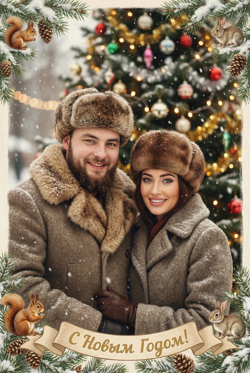   создай новогоднюю фотографию в стиле советского фильма: лица максимально похожи на исходное фото, на улице, в старой зимней одежде (пальто/шуба с меховым воротником, меховая шапки из ондатры или норки). Идёт снег. На фоне размытая украшенная советскими стеклянными игрушками ёлка с гирляндами и тёплыми огоньками. Внизу бежевая декоративная лента с надписью. Рамка по краям из еловых веток со снегом, добавить шишки, белочек и зайчиков. Атмосфера уюта и ностальгии, мягкие кистевые мазки, тонкая плёночная зернистость, мягкая глубина резкости. Надпись на ленте: "С Новым Годом!"