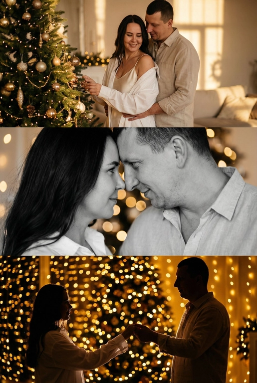 Создай новогодний кинематографичный коллаж, состоящий из трёх горизонтальных кадров друг под другом. Вечер, приглушенный свет, тёплый свет гирлянд, мягкое боке, уютная домашняя атмосфера. 

Кадр 1 (верхний): широкий план. Пара у украшенной новогодней ёлки.
Одежда: девушка в лёгкой белой рубашке, надетой свободно на шелковый топ на тонких бретельках, слегка сползающей с плеч; парень — в светлой рубашке бежево-молочного оттенка. Слабый свет гирлянд, мягкие тени, спокойный романтичный момент.

Кадр 2 (средний): крупный чёрно-белый портрет. Их лица близко, мягкое боке позади. Одежда: те же свободные рубашки, видны только верхние части — мягкая ткань, естественные складки, домашний уют. 

Кадр 3 (нижний): силуэтный кадр на фоне ярких огней. Пара тянется друг к другу. Одежда: светлые рубашки, расстёгнутые манжеты, мягко подсвеченные гирляндами. Золотой свет, много боке, тёплое новогоднее настроение.

Стиль: тёплый, нежный, интимный, романтичный, кинематографичный.