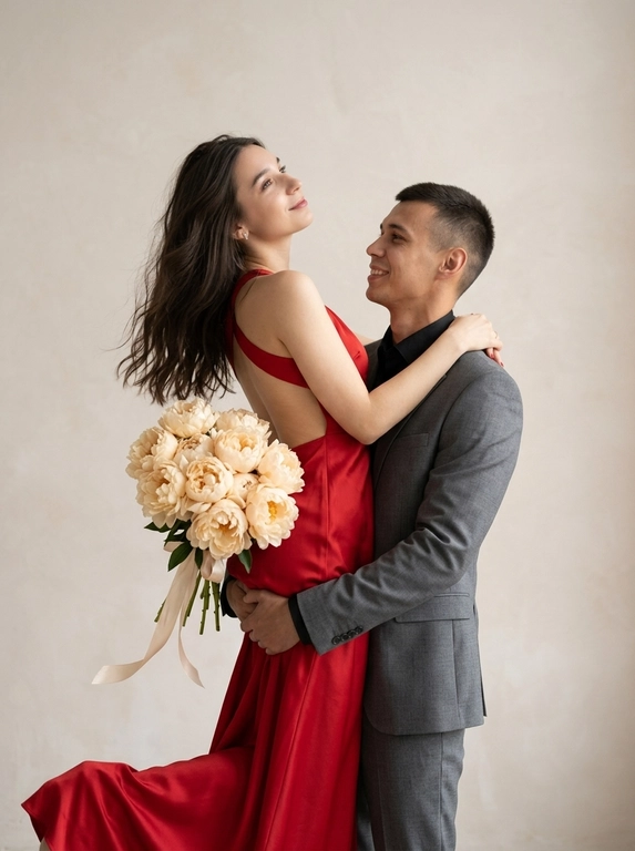 Фотореалистичный студийный портрет пары, формат 9:16.
Мужчина приподнимает девушку за талию, удерживая её в воздухе. Она смотрит на него с мягкой улыбкой, волосы свободно струятся вниз. В руке — большой букет кремово-персиковых пионов, лента свободно свисает.
Одежда изменена:
— девушка в шёлковом платье цвета алой розы с открытой спиной,
— мужчина в графитовом костюме без галстука и черной рубашке.
Фон — светлая текстурная стена оттенка тёплого бежа с мягким градиентом. Рассеянный объёмный свет подчёркивает силуэты и фактуру тканей.
85mm, f/1.8, ISO 100. Малая ГРИП, фокус на паре, фон мягко размытый.
Высокий фотореализм, естественная кожа, без HDR и искажений.