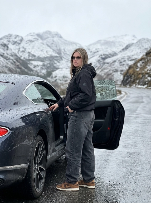 Не менять черты лица человека с исходного фото. Человек рядом с стоит рядом с машиной, машина на горной дороге, дорога мокрая от тумана, машина в каплях от тумана. Чёрный анорак Planta Rosa, маленькие чёрные солнцезащитные очки без оправы, мешковатые серо-чёрные джинсы с низкой посадкой, длинные, коричневые замшевые кроссовки Nike Dunk, руки в карманах. Машина без номеров. Фон — гиперреалистичные заснеженные холмы Мегхалайи, без зелени, туманные горы, пасмурный мягкий дневной свет, без размытия, без изменения лица или позы, без дополнительных объектов. Фото снято на iPhone 17 Pro, без фильтров на лице, без ретуши, перспектива снизу, формат 9:16, машина как на исходном фото, фон не размывать, притемнённая экспозиция, открывает дверь машины, стоит спиной, смотрит в камеру, будто сейчас сядет за руль.


Какая будет машина?: Стоит рядом с машиной Bentley Continental GT