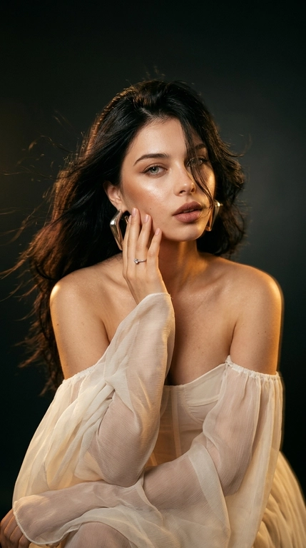 Фотореалистичный high-fashion editorial портрет в эстетике журнала Numéro.
Камера расположена на уровне лица, кадр от груди.
Корпус в лёгком полупрофиле, плечи повернуты немного в сторону.
Модель слегка наклоняется корпусом и головой вперёд, создавая ощущение живого движения и глубины в кадре.
Голова немного повернута, взгляд игривый,

На модели нежный корсет без бретелей с летящими экстремально  длинными рукавами  лёгкой воздушной ткани с открытыми плечами.
Тонкая полупрозрачная ткань образует мягкие естественные складки.
Она одной рукой касается щеки нежно  
Украшений минимум:
серьги масивные геометрической формы и одно бриллиантовое кольцо.

Фон — тёмный студийный градиент.
Кожа с хайлайтом и бронзером 
Длинные обьемеве Волосы развиваются от ветра .
Боковой пробор большая прядь ниспадает на лицо 
Свет драматичный боковой, тёплый золотистый, мягко моделирует лицо и плечи, создавая выразительные тени и глянцевые естественные блики на коже.Видимые поры и мелкие детали лица и текстуры.
Камера находится в лёгком движении во время съёмки, что создаёт мягкое горизонтальное размытие фона, при этом лицо и тело остаются идеально резкими.
Лёгкий натуральный фильтр, мягкое плёночное зерно, естественные глянцевые блики на коже, высокая  текстурная детализаци, фотореализм, естественная физика.

Стиль: fashion editorial, magazine photography, raw, натуральная кожа, без ретуши, без HDR и без AI-look.
9:16