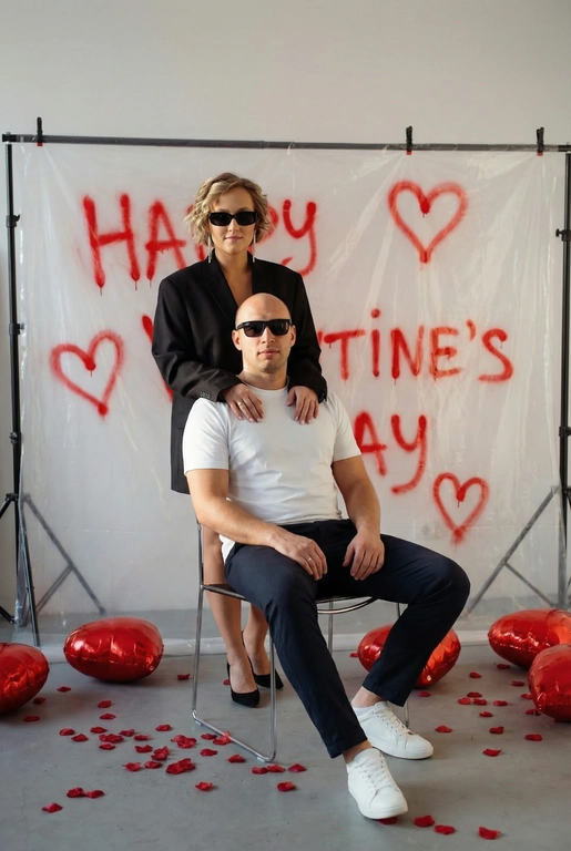 Фотореалистичная редакционная фотосессия пары ко Дню святого Валентина в студии. Фотозона как на референсе: белая студия с прозрачной плёнкой, натянутой на стойках. На плёнке — красные граффити-надписи "Happy Valentine's Day" и сердца в стиле спрей-арта, создающие дерзкий и контрастный фон. По бокам — студийные стойки и красные воздушные шары в форме сердца, на полу разбросаны красные лепестки роз. Атмосфера — современная, fashion, с лёгким арт-хаосом.

Поза и композиция: Крупный план до бедер, мужчина сидит на стуле по центру кадра в позе нога на ногу, уверенная расслабленная поза, его голова немного наклонена в сторону. Девушка стоит за ним, близко, её руки лежат на его плечах или слегка касаются шеи. Между парой ощущение близости и доминирующей, уверенной энергии девушки.
Одежда:
— Мужчина: белая футболка без принтов, тёмные брюки, белые кроссовки. Тёмные очки как fashion-акцент.
— Девушка: чёрный пиджак свободной посадки. Тёмные очки как fashion-акцент.
Выражения лиц: мужчина смотрит в камеру уверенно и спокойно. Девушка смотрит в камеру или слегка сверху вниз, с холодной, контролируемой эмоцией.
Свет: жёсткий студийный свет с акцентом на лица и текстуры, чёткие тени, высокий контраст.
Композиция: вертикальный кадр, пара по центру, фон полностью читается.
Стиль: фотореализм, модная редакционная съёмка, высокая детализация, современный fashion-editorial.