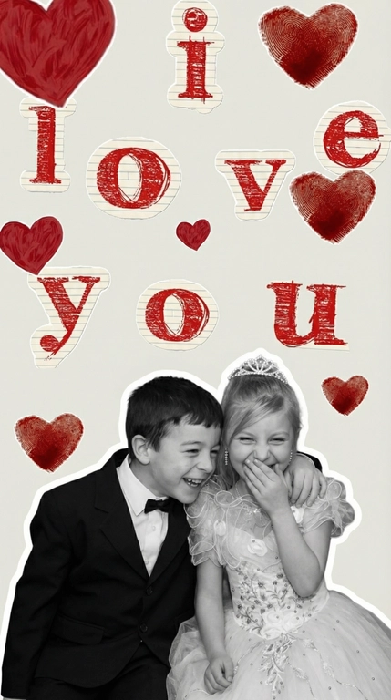 Используй загруженные фотографии людей и отдельно переданный фон с надписью "I love you" и красными сердцами и создай коллаж.
Размести людей внизу переданного фона. Не меняй внешность, одежду и возраст. Не омолаживай и не делай старше. Не добавляй взрослые или детские черты. Не изменяй форму лица и пропорции.
Они слегка наклонены друг к другу, создавая ощущение близости и живого движения. Тела расслаблены и немного поданы вперёд.
Естественные искренние эмоции — живой смех.
Один обнимает другого за плечи в спонтанном нежном жесте.
Второй прикрывает рот рукой во время смеха, глаза слегка прищурены от радости.
Переведи людей полностью в чёрно-белый контрастный монохром, сохранить естественные лица без искажений.
Фон оставить цветным без изменений. Не перекрывать буквы и символы на исходном изображении (фона).
Аккуратная вырезка, реалистичный свет, мягкие естественные тени, фотореализм.
Люди — чёрно-белые. Фон — цветной.