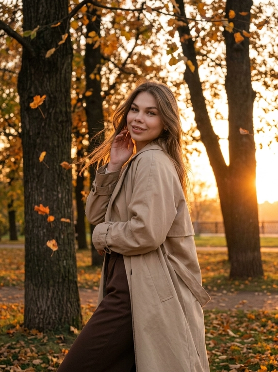 Фотореалистичная lifestyle-фотография женщины на улице в парке в осенний сезон. На заднем плане крепкие деревья, с которых уже начинает осыпаться листва. На горизонте мягкое яркое сияние рассвета или заката, создающее тёплую атмосферу и красивую естественную подсветку.

Стиль фотографии — модный уличный кадр с эффектом живой фотосессии, снятой на естественном свете. Основная палитра строится на тёплых оттенках закатного неба, осенней листвы и контрасте тёмной одежды. Атмосфера спокойная, лёгкая и немного мечтательная.

Женщина стоит в пол-оборота к камере, корпус слегка развёрнут в сторону, голова повернута назад через плечо. Она смотрит в камеру с лёгкой мягкой улыбкой. Одна рука слегка приподнята и находится рядом с лицом, поза выглядит естественной, расслабленной и непринуждённой, без ощущения постановки.

Волосы слегка развеваются от воздуха.

На женщине Длинный бежевый тренч свободного кроя с мягко спущенной линией плеч и широким поясом на талии. Низ —  Брюки палаццо шоколадного оттенка. Образ выглядит элегантно, спокойно и дорого, с мягким осенним настроением.

Кадр снят немного дальше: женщина показана примерно до верхней части бёдер, чуть ниже линии ягодиц, чтобы лучше читались поза и силуэт. Композиция сохраняет акцент на лице, выражении и атмосфере, но даёт больше воздуха и пространства вокруг.

Освещение полностью естественное, мягкое и тёплое, с деликатным свечением от заката или рассвета. Фотография выглядит как дорогой, но живой кадр для Pinterest или социальных сетей: реалистичная текстура кожи и ткани, без глянцевой ретуши, без эффекта пластика, без ИИ-сглаживания.