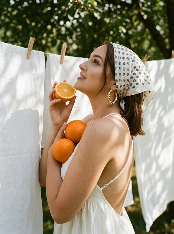 Transfer the face from the photo identically. Shoulder-up side profile portrait outdoors next to white linen sheets hanging on a clothesline with wooden clothespins. The woman wears a light summer dress with thin straps and an elegant open back revealing the shoulders. Her head is wrapped in a white headscarf with a small repeating circular black print tied behind the head. Large textured gold hoop earrings.Pose with chin slightly lifted while holding a half orange near the face and two whole oranges resting against the shoulder and chest.Natural sunlight filtered through tree leaves creates soft dappled shadows on the skin and fabric.Warm vintage analog film color grading with slightly muted greens and rich citrus orange tones, subtle film grain, gentle softness and highlight bloom, shallow depth of field, cinematic lifestyle photography.