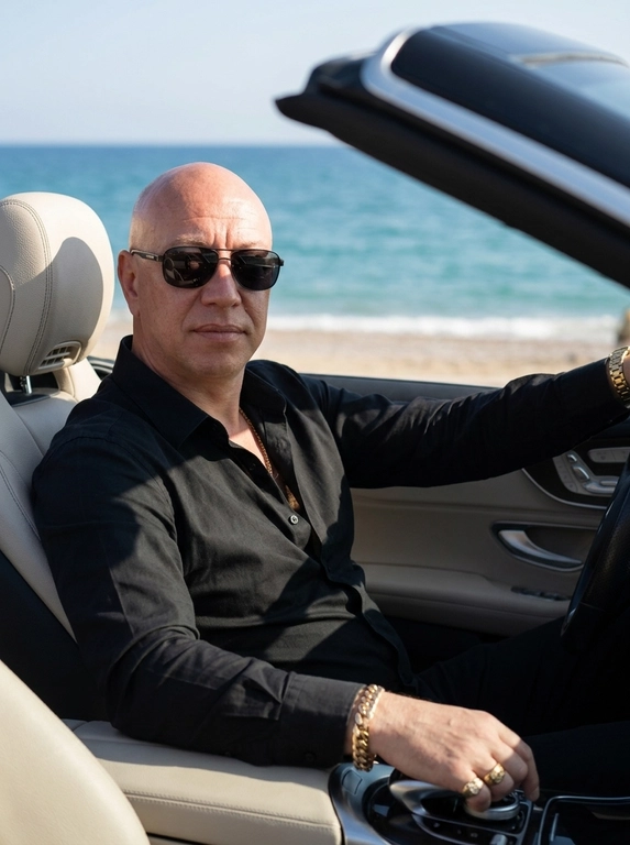 Фотореалистичная luxury lifestyle fashion-фотография на побережье в эстетике дорогой мужской рекламной кампании. Мужчина сидит за рулём современного премиального кабриолета с открытой крышей, припаркованного у океанского побережья. Кадр снят с пассажирской стороны через открытый салон, камера расположена чуть ниже уровня глаз и близко к мужчине. Кадрирование по грудь.

Мужчина расслабленно откинулся в кожаное водительское сиденье, корпус слегка развёрнут к камере. Одна рука свободно лежит на руле, вторая расслабленно расположена у центральной консоли. Голова слегка повернута к объективу, взгляд направлен прямо в камеру. Выражение лица спокойное, уверенное и сдержанное.

На мужчине свободная чёрная рубашка из плотного шёлка с матово-сатиновым блеском, верхние пуговицы расстёгнуты. Рукава слегка закатаны, открывая запястья. На руке массивный золотой браслет с инкрустацией камнями и несколько крупных золотых мужских колец. Металл и камни ловят точечные солнечные блики, аксессуары выглядят дорогими и реалистичными, без чрезмерного блеска.

Салон автомобиля выполнен из тёмной премиальной кожи с аккуратной прострочкой, металлическими деталями и минималистичной современной отделкой. Интерьер остаётся затемнённым и создаёт глубокий контраст с ярким морским пейзажем за открытым автомобилем.

На заднем плане видны глубокий синий океан, светлый песчаный пляж и чистая линия горизонта. Морской пейзаж мягко уходит в естественную глубину резкости, оставаясь узнаваемым. Яркий дневной солнечный свет падает сбоку, подчёркивает скулы, линию лица, фактуру чёрной рубашки и золотые аксессуары.

Натуральная текстура кожи, отчётливо видимые поры и мелкий рельеф кожи, естественные солнечные блики, без пластиковой ретуши, без AI smoothing.

Снято на профессиональную полнокадровую камеру, 85mm, f/1.4, ISO 100, RAW. Shallow natural depth of field, rich blacks, warm skin tones, deep ocean blues, subtle film grain, controlled highlights, premium luxury campaign color grading, high-end men's lifestyle editorial, ultra realistic, high detail, no CGI, no artificial glossy skin, no excessive HDR.

Очки: На нём тёмные солнцезащитные очки
