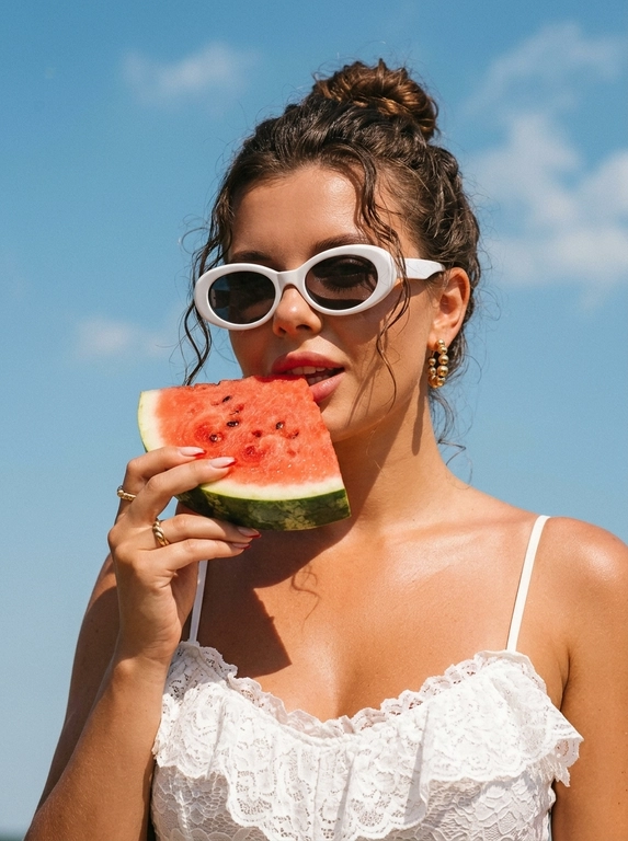 Фотореалистичный летний fashion-портрет, плёночная редакторская эстетика. Крупный план в 3/4, кадр по плечи и верх груди, камера чуть снизу, лицо в верхней части кадра на фоне неба, вертикальная ориентация. Женщина подносит крупный ярко-красный ломоть арбуза, который держит одной рукой у губ; губы слегка приоткрыты, голова чуть приподнята, взгляд в камеру, выражение чувственное, лёгкое летнее настроение. Образ: белый кружевной топ с рюшами на тонких бретелях, золотые серьги с цветными бусинами, тонкие золотые кольца. Кожа загорелая, сияющая, с лёгким влажным блеском на солнце; макияж естественный: ровный светящийся тон, выразительные брови, мягкие тени, глянцевые губы. Фон: ясное ярко-голубое летнее небо с лёгкими белыми облаками. Свет яркий прямой полуденный солнечный, тёплый, создаёт глянцевые блики на коже и сочные тени, ощущение знойного дня. Тёплая плёночная цветокоррекция, слегка винтажная и приглушённая, мелкое плёночное зерно, насыщенные тёплые тона, контраст голубого неба и тёплой кожи, мягкий контраст, глянцевый летний редакторский вайб.

Какая будет прическа?: Волосы убраны наверх в небрежный пучок, у лица свободно вьются лёгкие кудрявые пряди, слегка влажные. 

Нужны ли на фото очки? : На глазах белые ретро-очки овальной формы