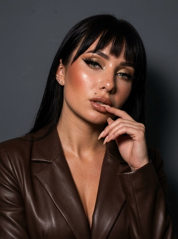 Кожа: ultra-realistic expensive-looking skin с видимыми порами, мягким персиковым пушком, реалистичной текстурой, тонкими тональными переходами, субповерхностным рассеиванием света и естественной асимметрией. Кожа должна выглядеть здоровой и профессионально ухоженной, как после премиальных косметологических процедур. Тёплый загорелый подтон с реалистичной глубиной и интенсивным влажным, сияющим глянцевым финишем (glass skin) с яркими бликами на лбу, скулах, переносице и подбородке. Без чрезмерного сглаживания, пластиковой текстуры, CGI-идеальности и эффектов бьюти-фильтра. Кожа слегка загорелая.

Макияж: драматичный гламурный вечерний макияж. Идеальные контурные брови. Главный акцент — мерцающие золотисто-бронзовые металлические тени на подвижном веке, очень длинная, острая графичная чёрная кошачья стрелка, густые пушистые накладные ресницы. Интенсивный тёплый румянец, высоко поднятый на скулы. Скульптурный контуринг и блестящие, увлажнённые глянцевые нюдово-коричневые губы с эффектом влажного глянца, слегка приоткрытые.

Одежда: элегантная шоколадно-коричневая кожаная куртка с глубоким V-образным вырезом и гладкими, структурированными лацканами. Ткань плотная, матовая, дорогая.

Украшения и аксессуары: минималистичные украшения — едва заметные маленькие серьги-гвоздики. Идеальный длинный нюдовый маникюр на миндалевидных ногтях.

Поза и действие: чувственная, расслабленная поза. Голова слегка наклонена вниз и вбок. Одна рука изящно поднесена к лицу, указательный палец нежно касается нижней губы. Взгляд притягательный, направленный прямо в объектив камеры.

Окружение: минималистичный студийный фон. Абсолютно гладкая, матовая тёмно-серая стена без лишних деталей, создающая глубокий контрастный фон для сияющего образа.

Освещение: драматичное контрастное студийное освещение chiaroscuro. Мягкий, но направленный свет падает сбоку, создавая глубокие тени на лице и подчёркивая глянцевые блики на коже, металлических тенях и фактуре кожаной куртки. Высокий контраст света и тени.

Техника: Sony A7 III, 85mm f/1.8, контрастный студийный свет, чёткие детали, кинематографичный стиль, лёгкое зерно, RAW photo, высокая детализация. Не размывать фон. Чёткая текстура тёмно-серой стены и контуры фигуры должны оставаться резкими, без размытия.

Ракурс: три четверти, с лёгким наклоном головы. Камера расположена чуть ниже уровня глаз, подчёркивая взгляд и линию скул.

План: крупный план — кадр от груди до макушки, с акцентом на лицо, мерцающий макияж, руку у губ и элегантную кожаную куртку.

Причёска: Не менять прическу