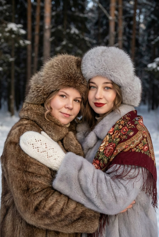 Создай кадр, который представляет собой теплый, уютный, слегка ностальгический зимний портрет в фэшн/фолк-стиле. Атмосфера спокойная, элегантная, дружеская близость двух моделей; сочетание высокой моды (мех, профессиональная ретушь) и фольклорной эстетики (вышитый шарф). Композиция и позирование: Форма кадра: портретный, вертикальный (соотношение примерно 3:4). Расположение: две женщины в центре кадра, тела и головы видны на груди; правая модель немного ближе к камере. Позы: девушки стоят близко друг к другу, левая модель слегка опирается на правую; плечи слегка повернуты к камере. Взаимодействие: мягкая улыбка, закрытое выражение лица, взгляд в камеру; дружелюбный, уверенный тон. Лица и макияж: Кожа: гладкая, естественная текстура, легкий эффект сияния. Глаза: аккуратные блики – оживляют взгляд; нейтральный/теплый макияж теней. Брови: естественная форма, слегка очерчены. Губы: у правой модели насыщенный матовый красный (центральный акцент), у левой – нежно-розовый нюдовый. Волосы: свободные пряди вокруг лица, несколько прядей с легкой волной для естественности. Шапки: большие пушистые меховые шапки с очень четко выраженной текстурой меха; справа – светло-серый мех, слева – коричневый мех. Форма: высокие, округлые, плотно сидят на голове, частично закрывают лоб – создают силуэт и рамку для лица. Верхняя одежда и текстуры: меховые пальто: густой натуральный мех у левой модели коричневый, у правой модели – светло-серый тон с видимым направлением волосков; богатая текстура и объем. У девушки справа на правом плече маленький платок с традиционным русским орнаментом – яркие цветы и листья, на фоне глубокого красного цвета с золотисто-терракотовыми, зелеными деталями; Тонкая бахрома ниспадает на ее плечо. У девушки слева на левом плече небольшой вязаный белый шарф с крупным ажурным узором, что добавляет контраста в текстуре и цвете. Окружение и фон: Лес: темные хвойные деревья, вертикальные силуэты стволов; снег на земле/вдали — размытый фон (боке).