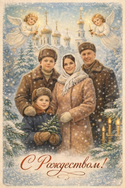 Создай винтажную рождественскую открытку со всеми людьми или одним человеком из предоставленных фотографий. Стиль - советские сказочные открытки 1950-1970-х годов, мягкая живописная иллюстрация, ощущение тепла и уюта. Композиция и формат: • Персонажи остаются в центре композиции • Фон - православная церковь, зимняя сказочная атмосфера Лица: • Лица сохранить максимально похожими на оригинальную фотографию (one-to-one likeness) • Без изменения черт лица, возраста и эмоций • Реалистичное сходство, аккуратная художественная стилизация без искажений. Одежда и образы: • Заменить современную одежду на старинную зимнюю советскую одежду. Если человек- женского пола , то добавь белый платок на голову. ⁠ Декор и детали:  • Хвойные ветки • ангелочки в сказочном стиле, церковные свечки • Лёгкий снег, морозные узоры Цвет и атмосфера: • Светлая, зимняя, мягкая цветовая палитра • Пастельные оттенки, эффект старой бумаги, легкое зерно • Сказочное, теплое новогоднее настроение  • Шрифт - изящный, рукописный, сказочный, в стиле советских открыток. Надпись: «С Рождеством!»