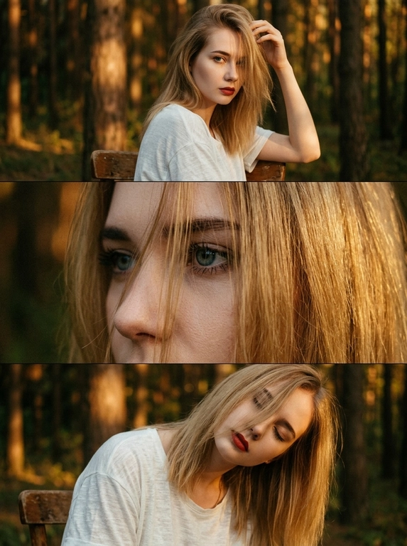 Не меняй черты лица, оставь их точь-в-точь как на загруженном фото, в том числе макияж и волосы. Композиция из триптиха изображает модель, сидящую в лесу на деревянном стуле в золотой час. На ней свободная белая футболка, фото по пояс. На верхнем кадре портрет лица крупным планом: модель сидит и смотрит в камеру, лицо повернуто боком, она поправляет волосы, на заднем плане лес. На центральном кадре близкий ракурс глаз той же модели, боком к камере. На нижнем кадре портрет крупным планом: изображена та же модель, голова наклонена в сторону, глаза закрыты. На всех кадрах её волосы падают на лицо, закрывая часть. Цветовая палитра приглушённая. Общий стиль наводит на романтику, присутствует видимая зернистость. На каждом кадре присутствует солнечный свет. На каждом кадре кинематографический эффект с добавлением зерна. Причёска везде одинаковая.